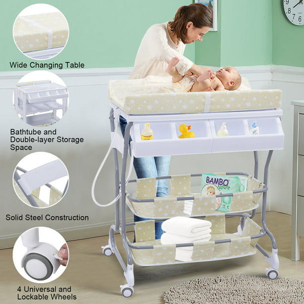 HOMCOM Baby Changing Table Station Portable Changer Baby Storage Bath Tub Unit Dresser w/Wheels Pink
